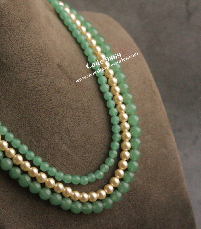 Emerald beads mala with sarvoski pearls