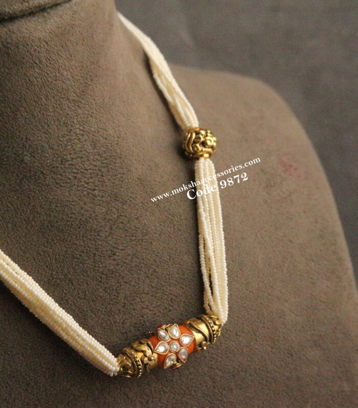Real coral pendant with pearl mala and nakshi gold balls