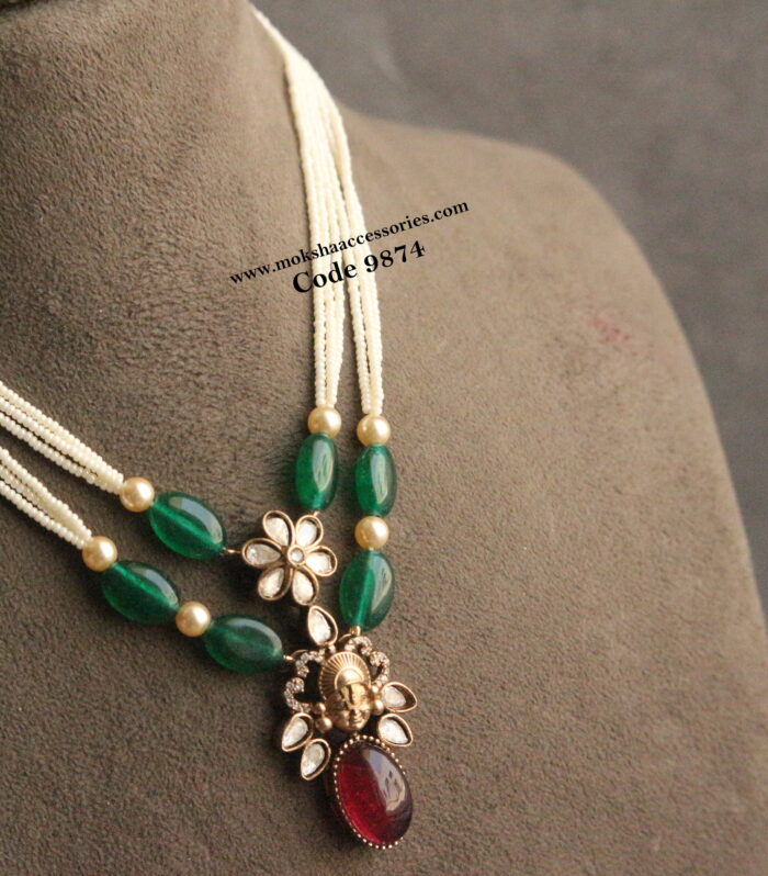 CZ balaji pendant with emerald and pearl mala