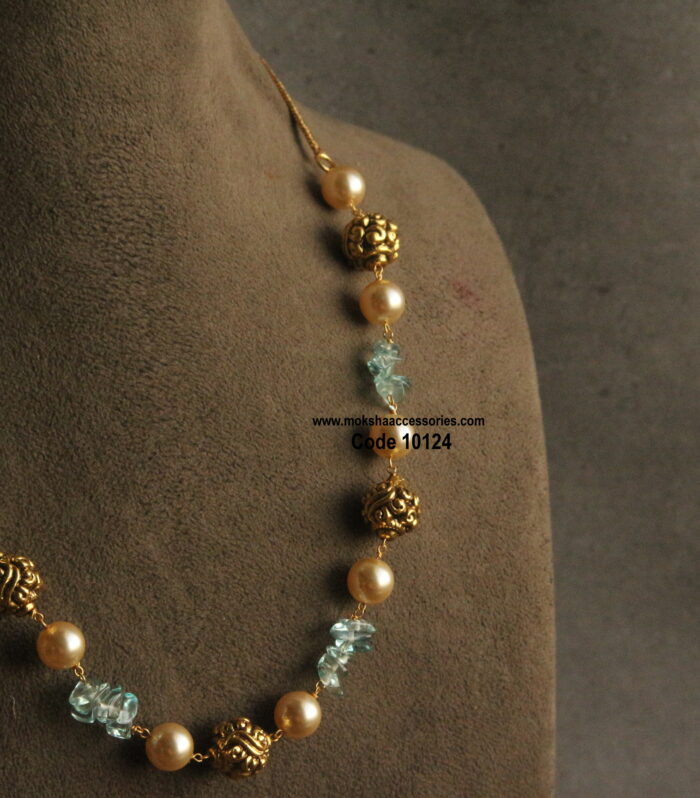 Nakshi gold balls, sarvoski pearls and natural beads mala with gold chain