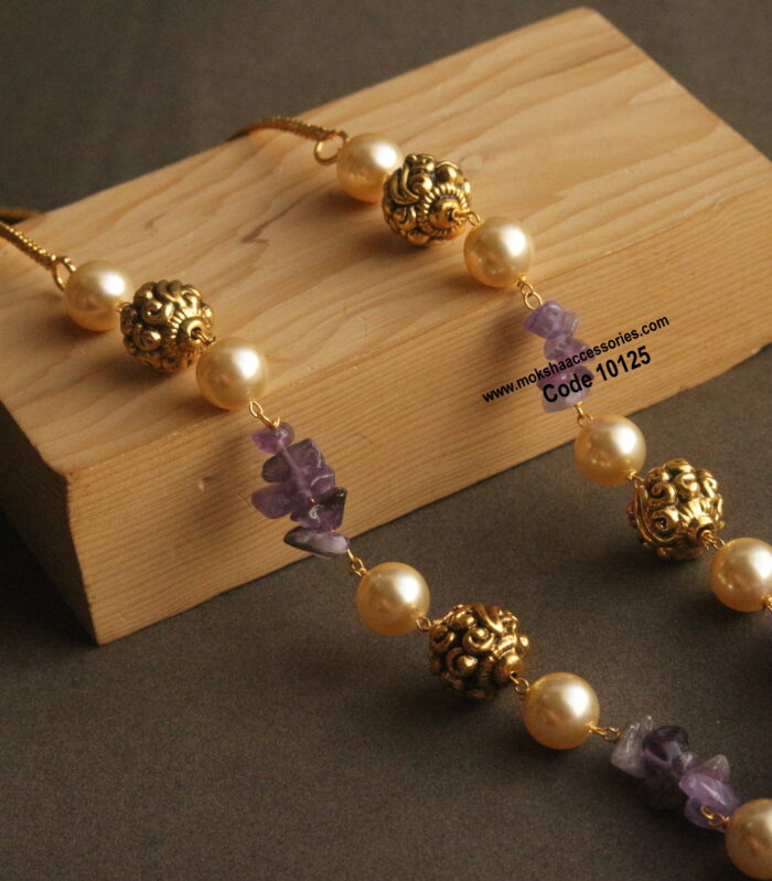 Nakshi gold balls, sarvoski pearls and natural beads mala with gold chain