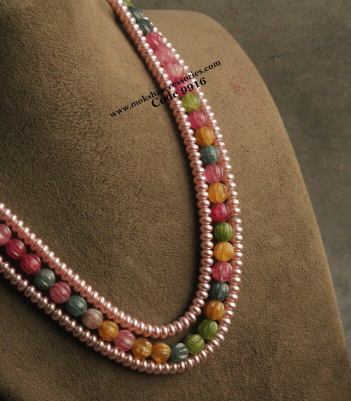 Natural pumpkin beads and shell pearls mala