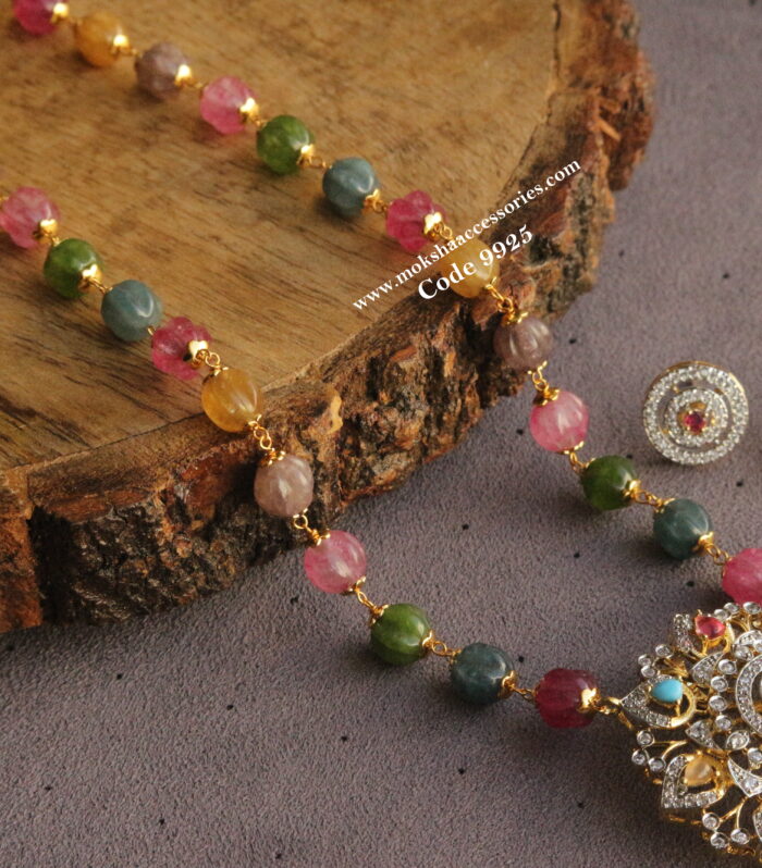 Navrathan pendant set with multicolor pumpkin beads mala