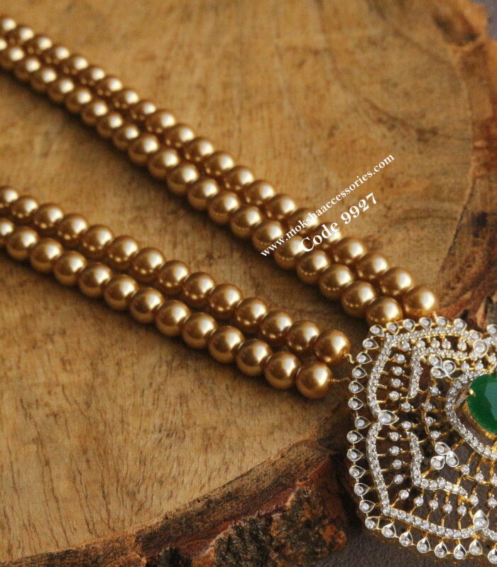 GJ stone pendant with sarvoski gold pearls mala