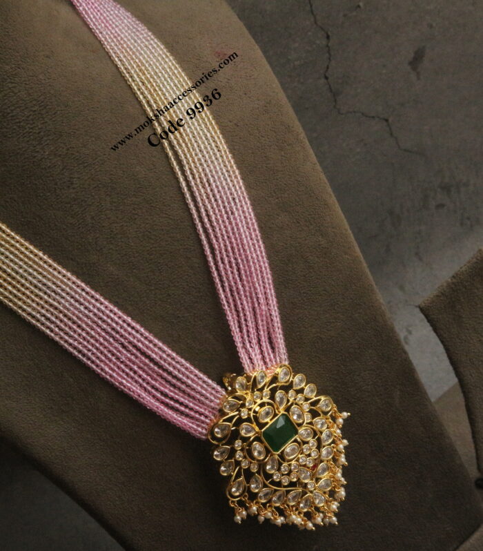 Polki emerald stone pendant with sugar beads and rice drops