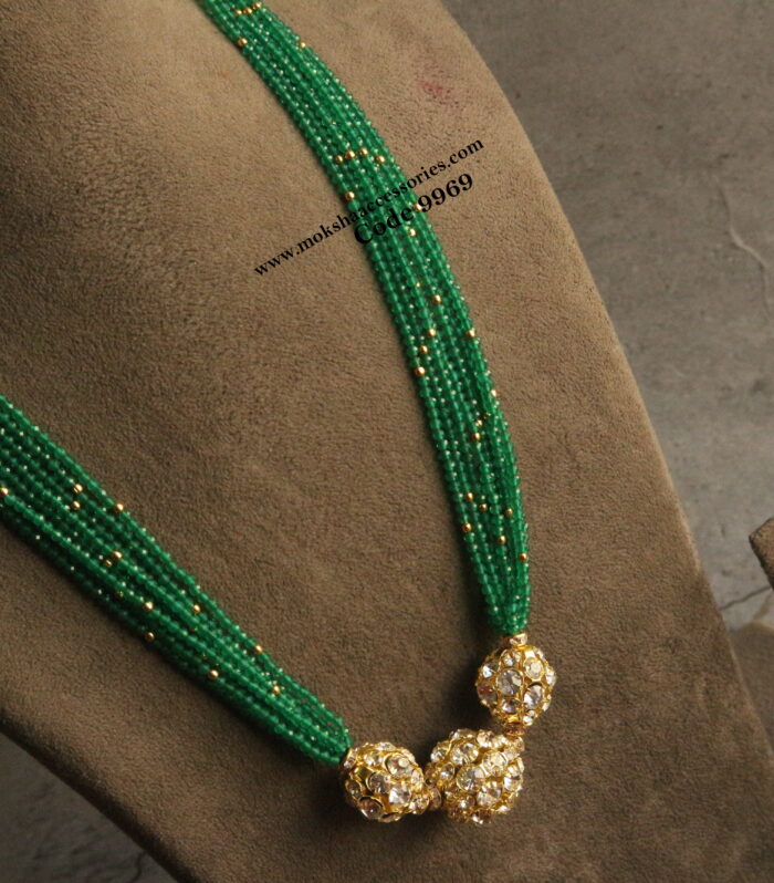 Gold cz pendant with green onyx beads and gold balls