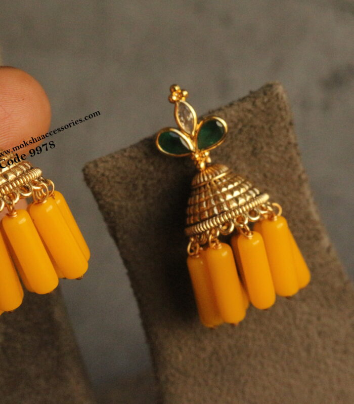Nakshi jhumki with cz studs and yellow beads