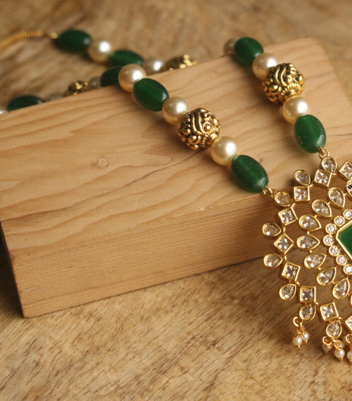 CZ emerald stone pendant with emerald beads, nakshi balls and sarvoski pearls