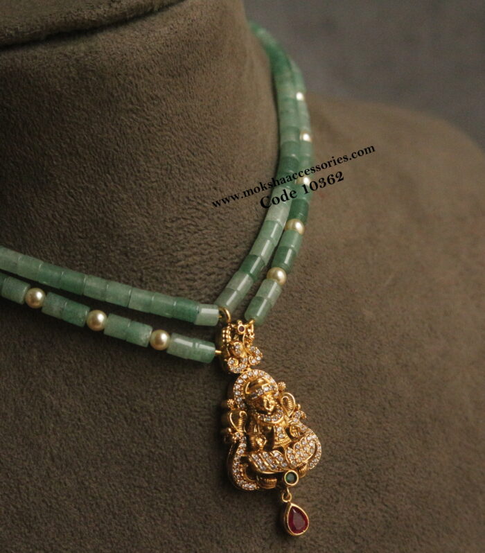 Lakshmi devi nakshi cz pendant with onyx beads and sarvoski pearls