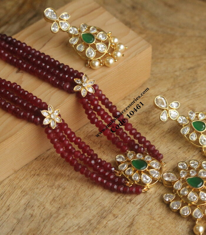 Polki pendant set with ruby beads, cz flower pendants and sarvoski pearls
