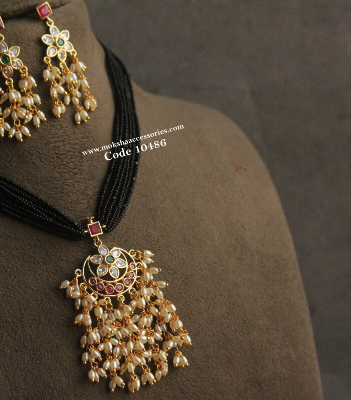 CZ pendant set with black beads and rice pearl drops