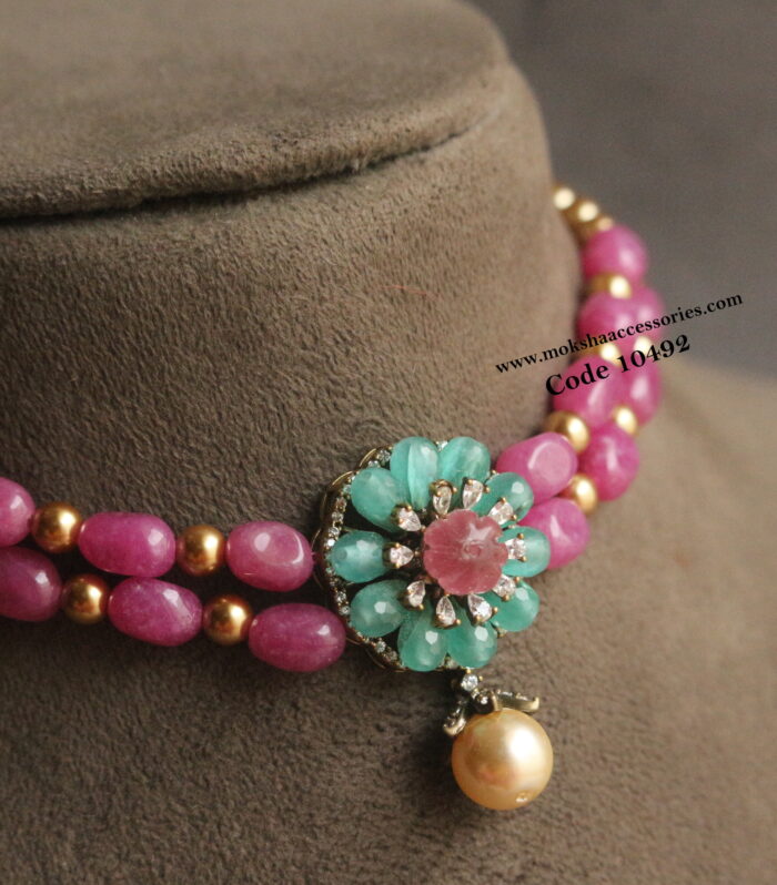 Beaded cz pendant with onyx and gold sarvoski pearl choker