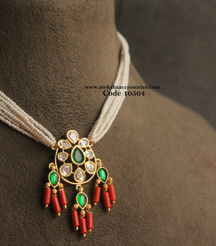 Emerald cz stone pendant with coral drops and pearl chain