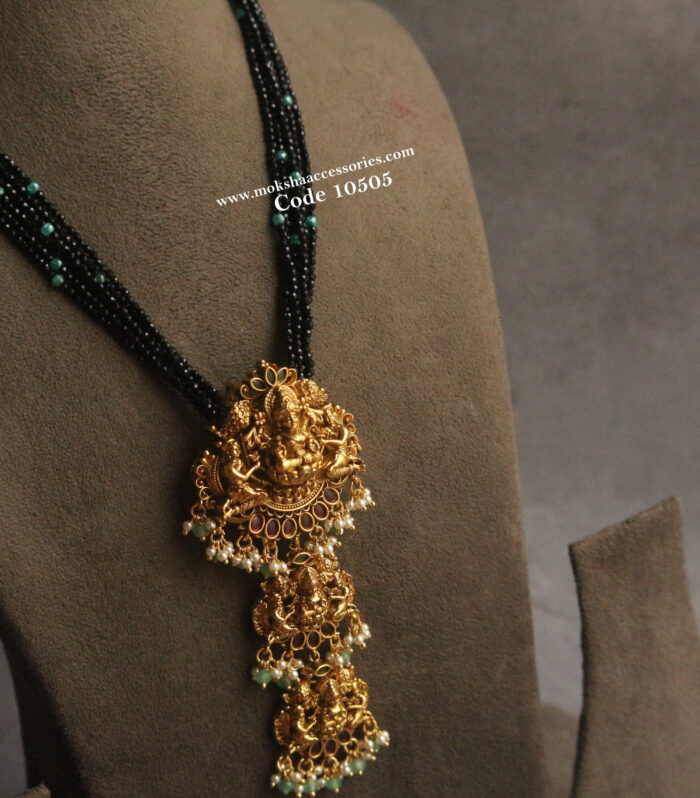 Nakshi long pendant with black beads and cz beads