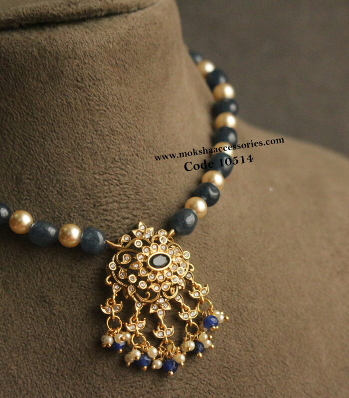 CZ blue stone pendant with onyx beads and sarvoski pearl necklace