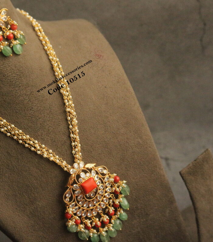 Polki coral pendant set with pearl chain