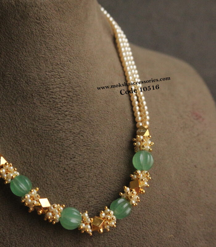 Pearl chain with pumpkin beads, gold balls and sarvoski pearls