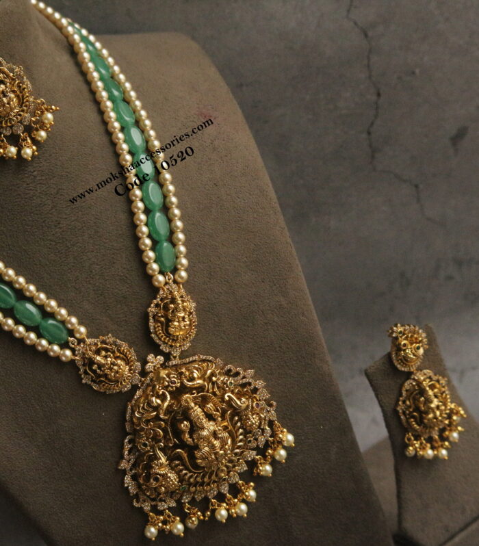 Nakshi haram with emerald and sarvoski pearls