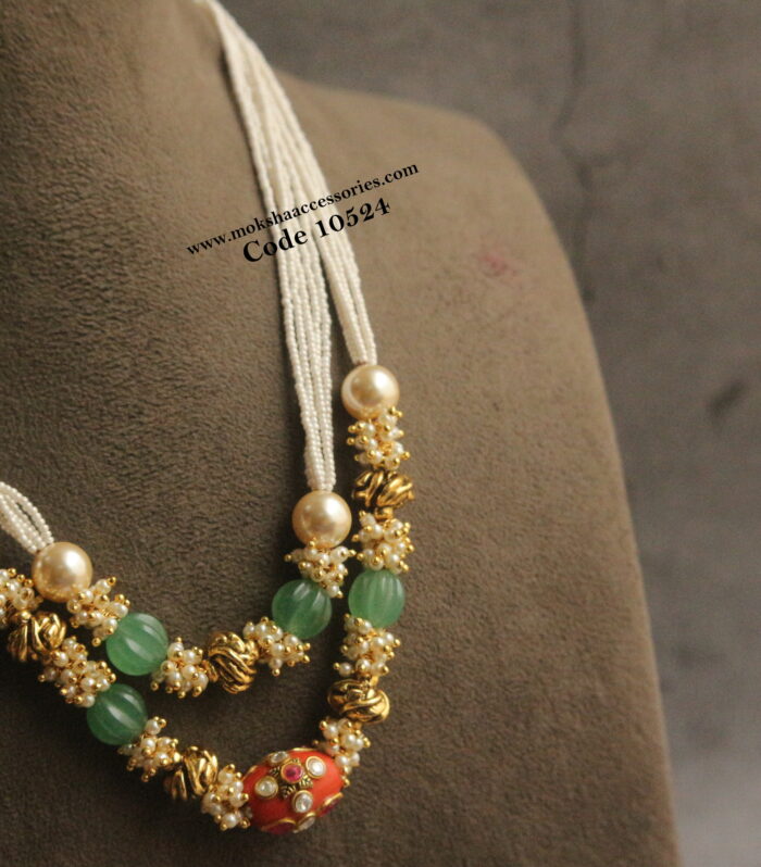 Emerald pumpkin beads, gold balls, pearls and pearl chain mala