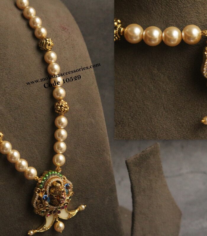Nakshi narshimhaswamy enamel pendant with nakshi balls and sarvoski pearls haram