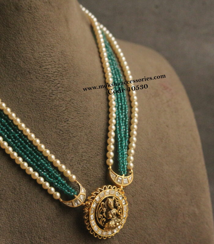 Jadaukundan lakshmi devi pendant with cz cut beads and sarvoski pearls