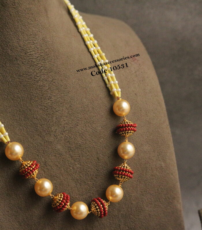 Nakshi coral balls and yellow pipe beads and pearls mala
