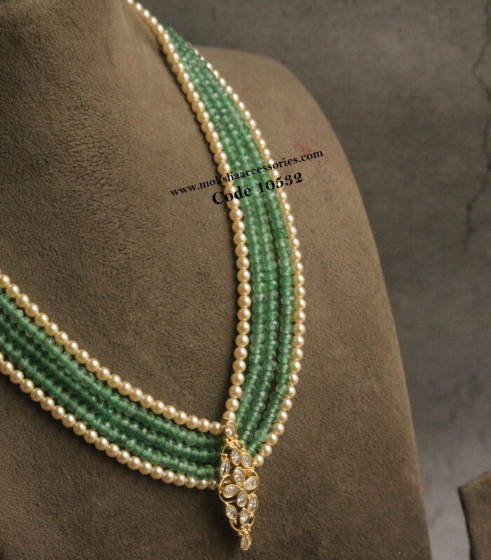 CZ pendant with emerald and sarvoski pearl mala