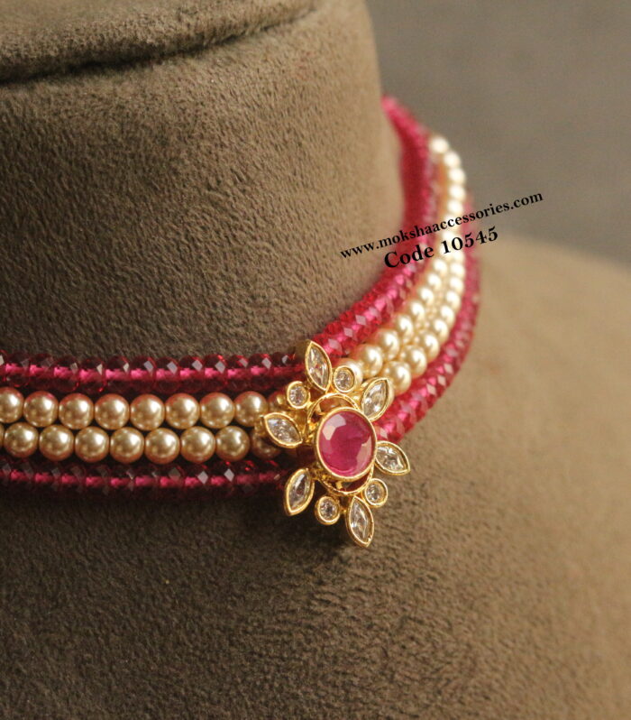 CZ ruby stone pendant with ruby marroon and sarvoski pearl choker