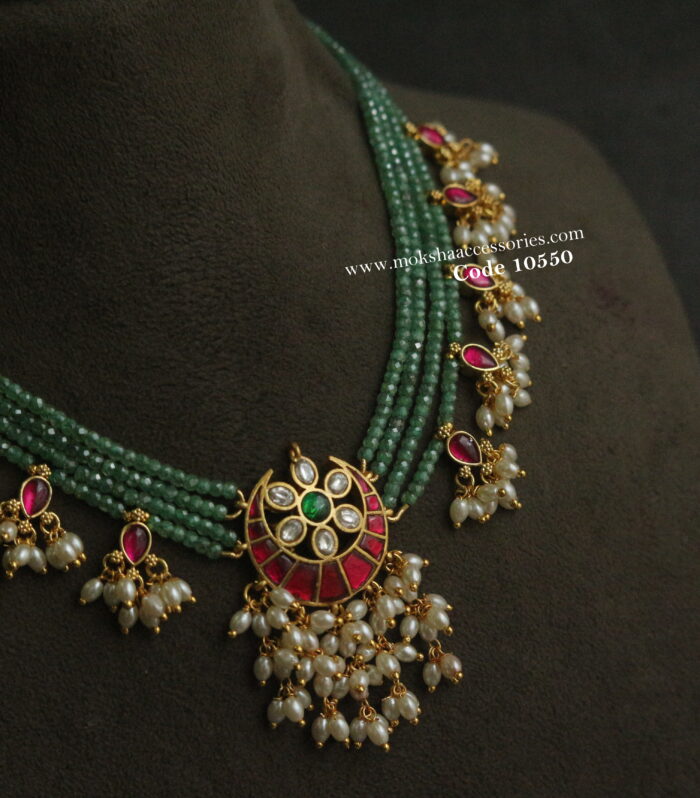 Jadaukundan pendants with real cz beads and rice pearls
