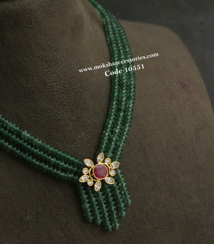 CZ ruby stone pendant with natural emerald beads
