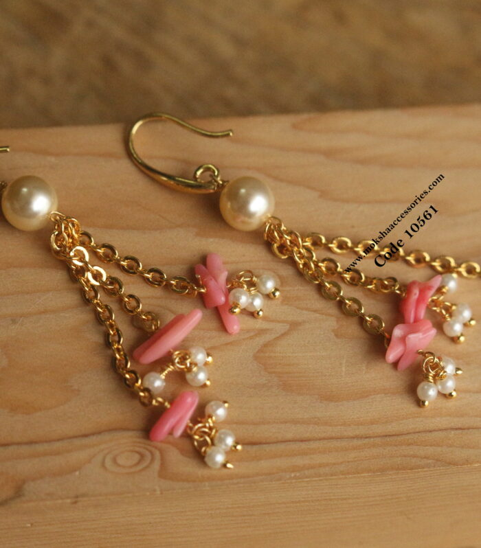 Sarvoski pearl earrings with gold chain and corals