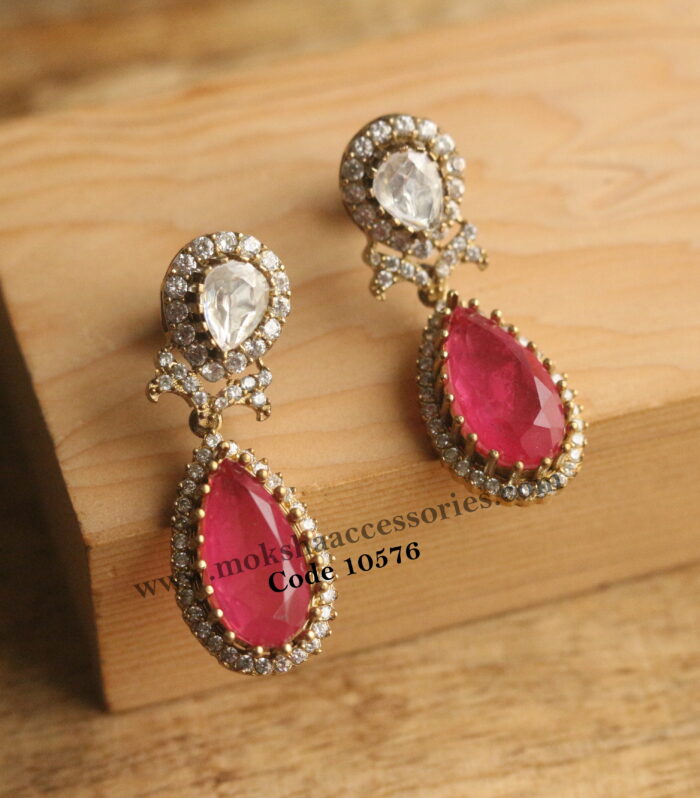 Mozonite and cz stone earrings with back screw