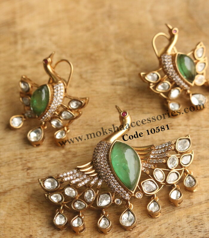 Emerald and mozonite stone pendant set (Pendant has back hook)