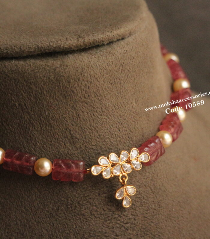 CZ pendant with ruby carving beads and sarvoski pearl choker