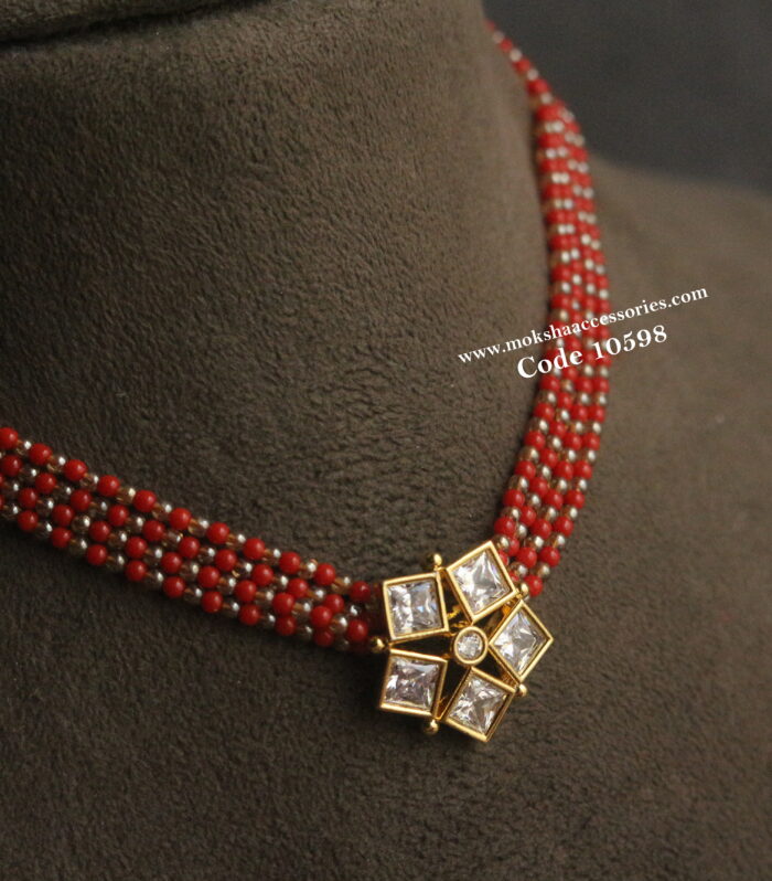 CZ pendant with corals and onyx beads