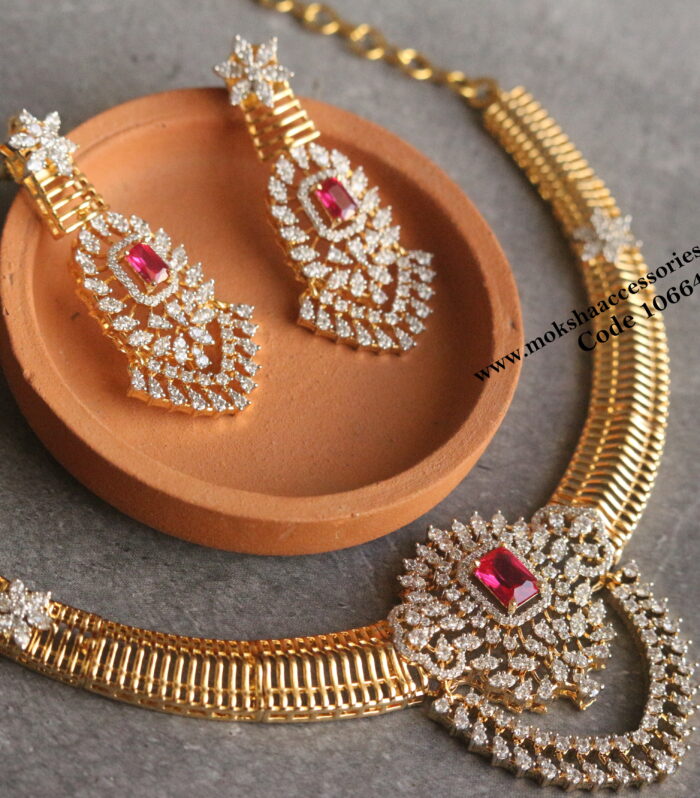 Gold necklace set with ruby and cz stone
