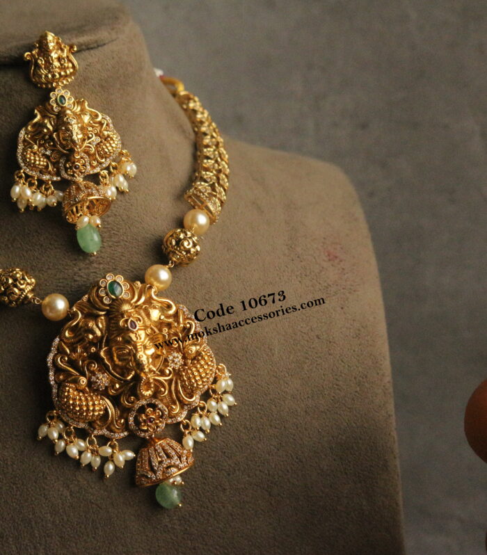 Nakshi ganesh neckset with pearl drops