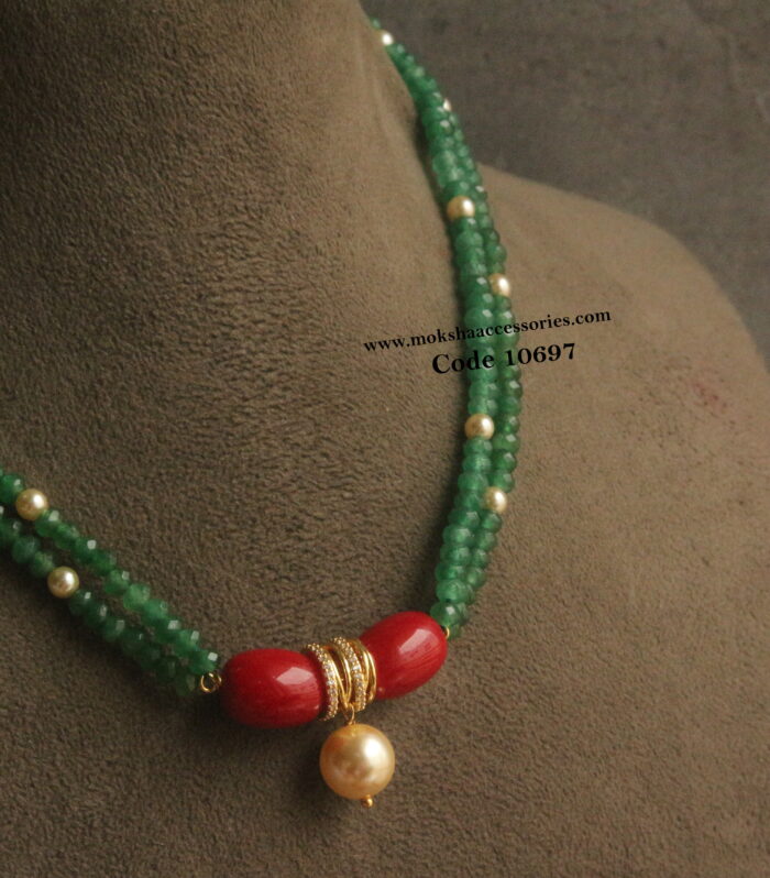 CZ pendant with emerald beads and corals