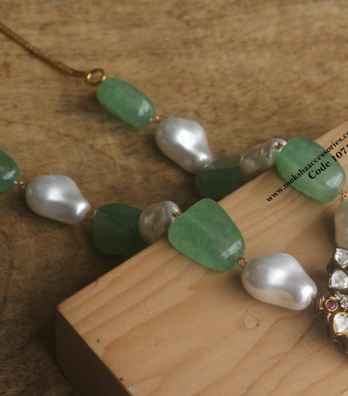 Mozonite stone pendant with onyx beads and baroque pearls