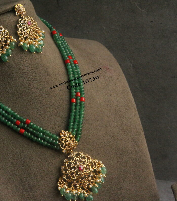 CZ pendant set with emerald and coral beads mala