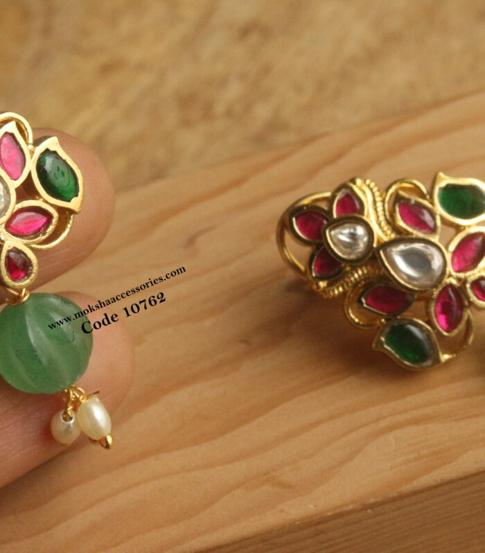 Jadaukundan studs with pumpkin and rice pearl drops