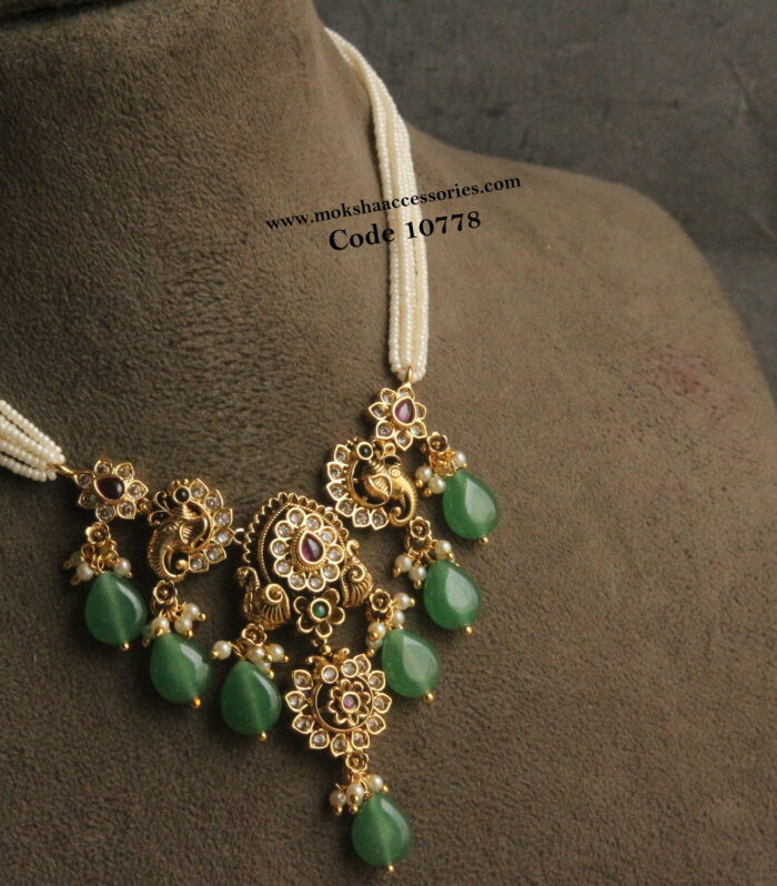 Nakshi pendant with pearl chain and emerald drop beads