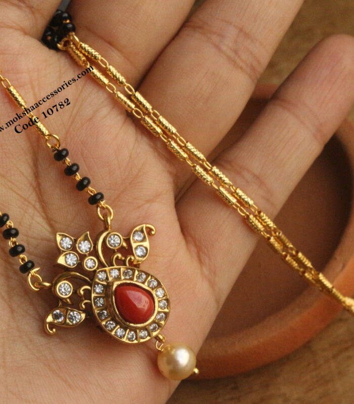 CZ coral stone pendant with gold chain and black beads