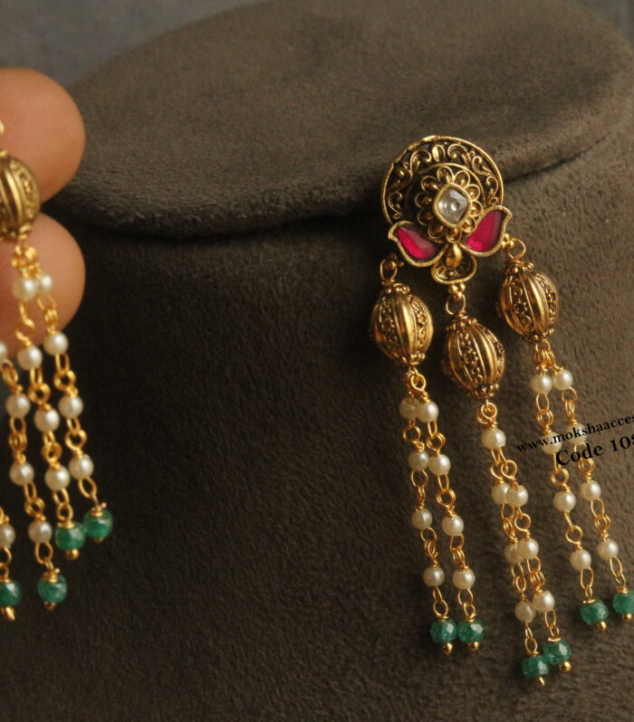 Naskshi jadaukundan earrings with nakshi balls and pearl chain