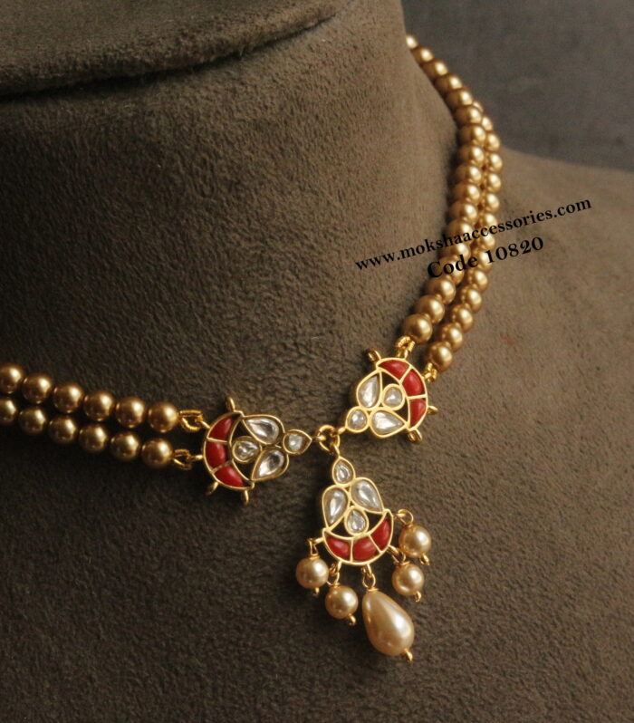 Coral jadaukundan pendants choker with gold sarvoski pearls