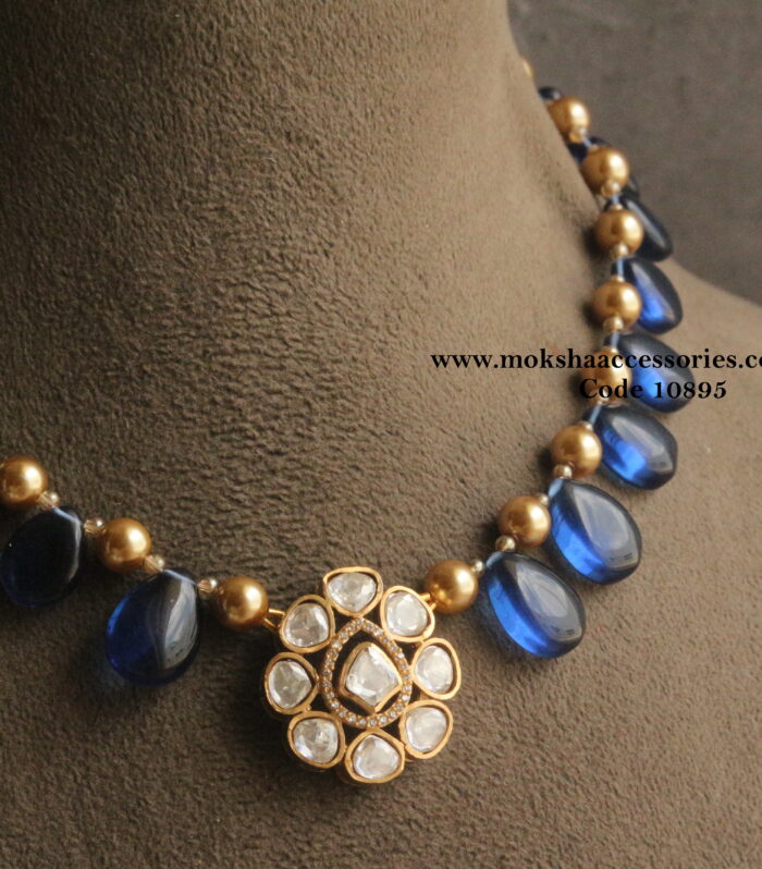 Mozonite stone pendant with onyx blue drops and sarvoski pearls