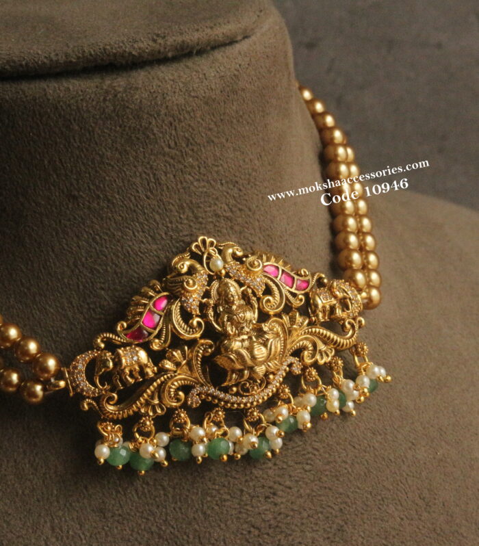 Nakshi lakshmi devi jadaukundan pendant with gold sarvoski pearl choker