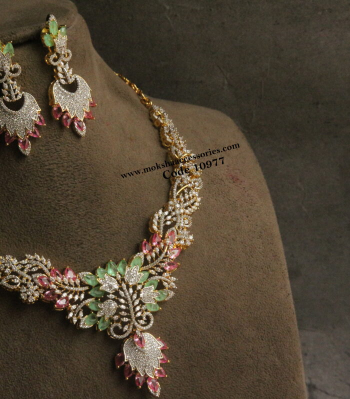 Diamond alike neckset with pink and mint stones