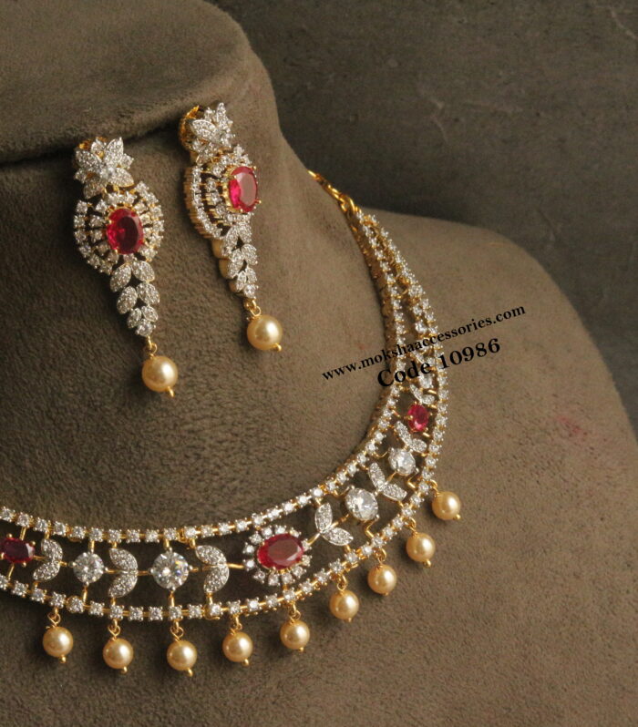 CZ diamond alike neckset with ruby stone