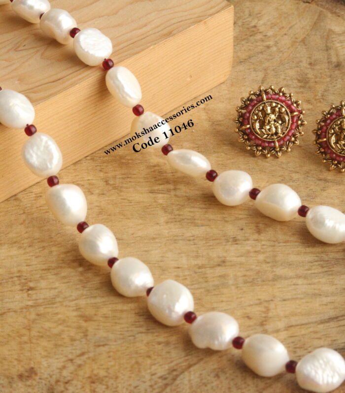 Real fresh water pearl with ruby beads and nakshi studs